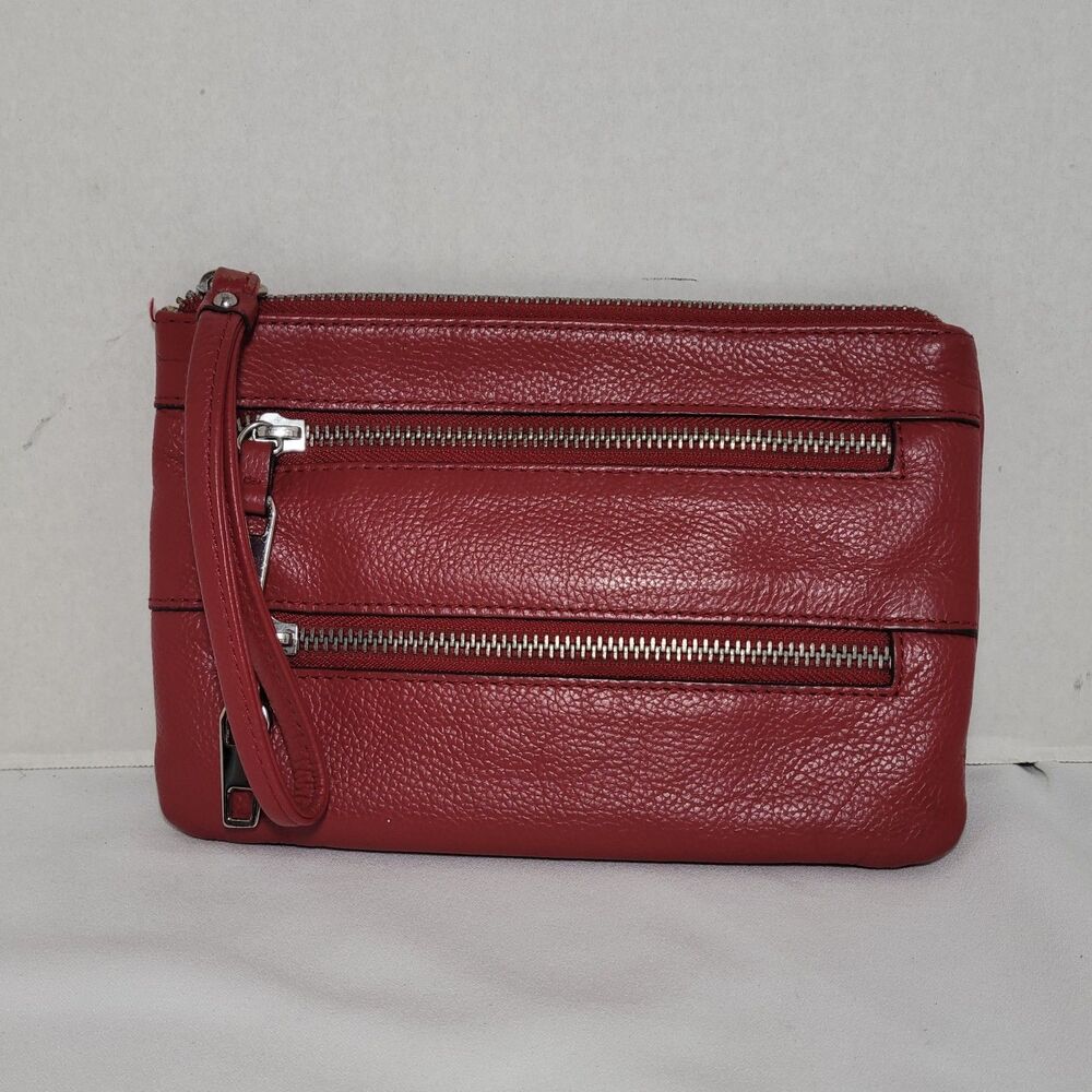 Tignanello Red Genuine Leather Multi Zip Wristlet Clutch Wallet Organizer Purse